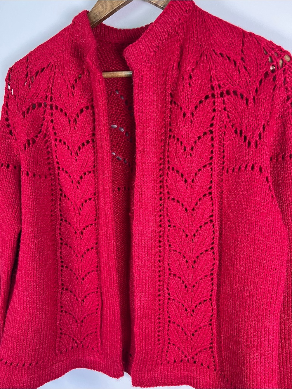 Handmade Red Openwork Lace Knit Cardigan Sweater Womens L Cottagecore Artisan - Picture 2 of 9